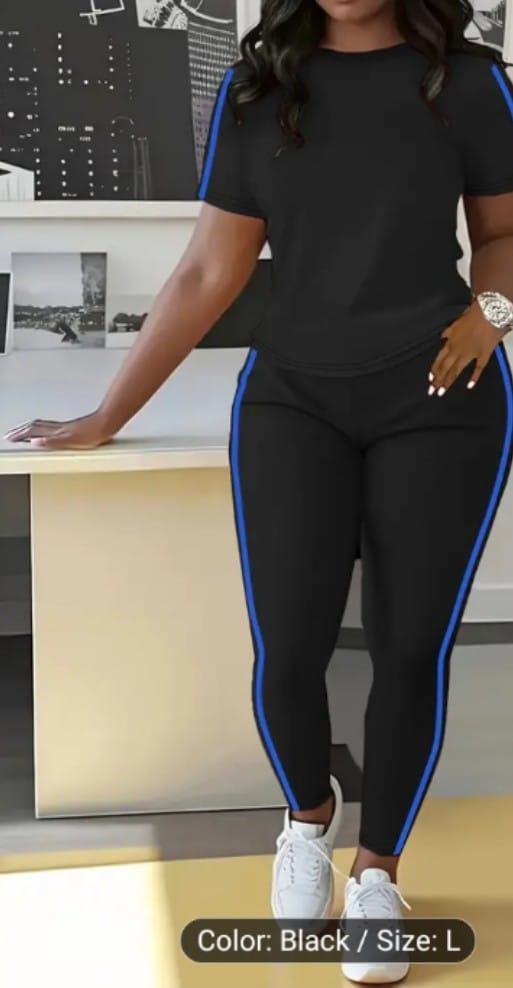 2Pcs Black & Blue Trackpants with short sleeves Top