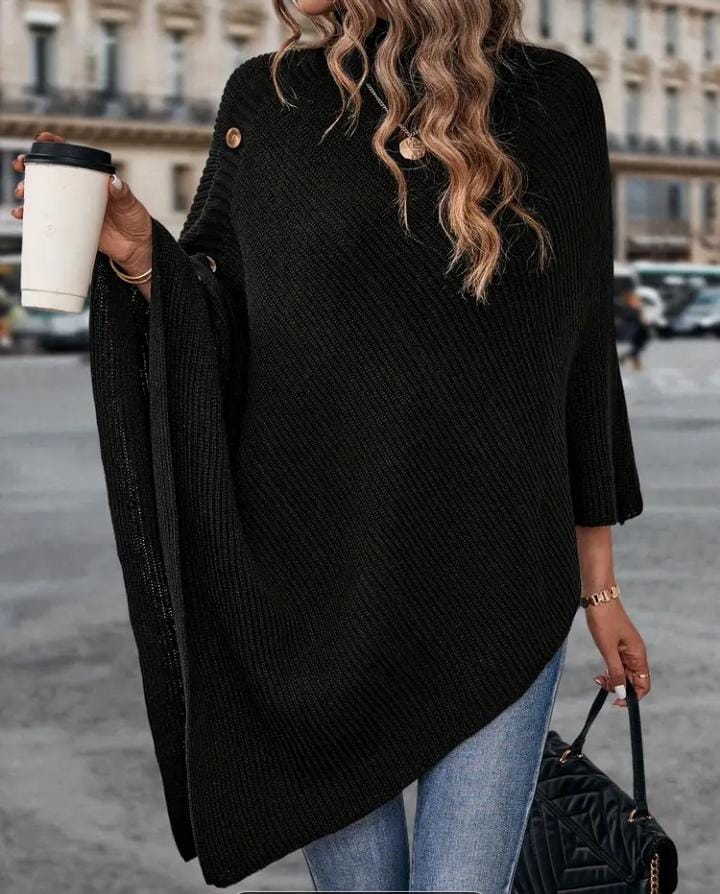 Elegant high neck textured poncho sweater