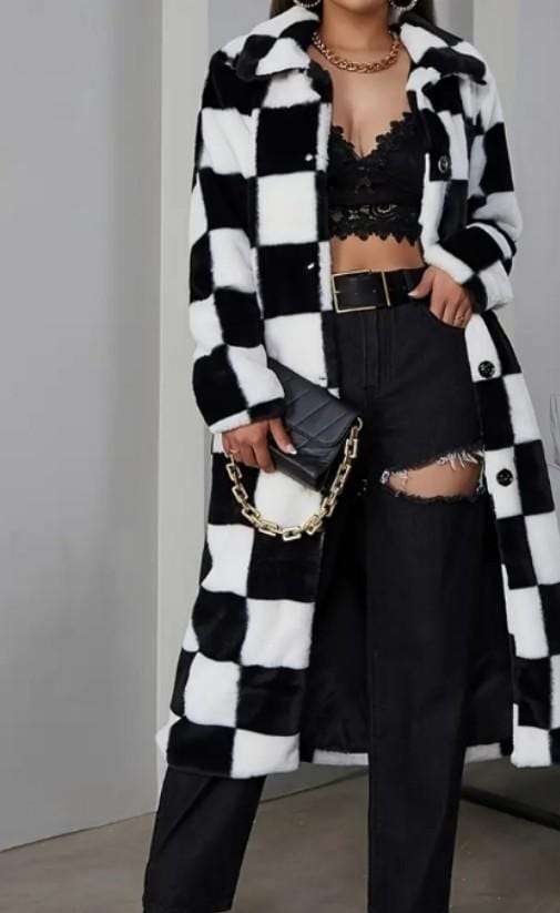 Ladies Black and White Trimmed Coat