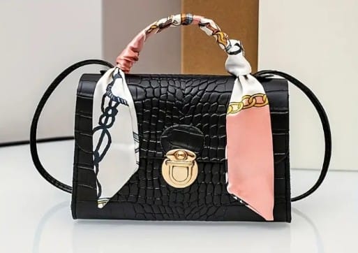 Crocodile Pattern Black handbag with scarf