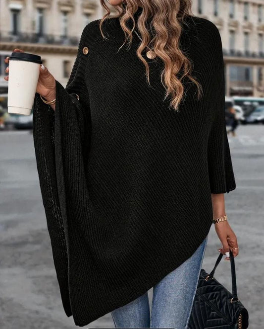 Elegant high neck textured poncho sweater
